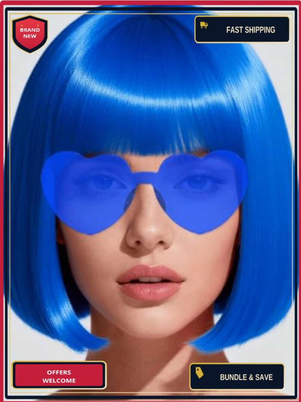 Synthetic Bob Wig with Heart Glasses & Wig Cap Adjustable Party Cosplay